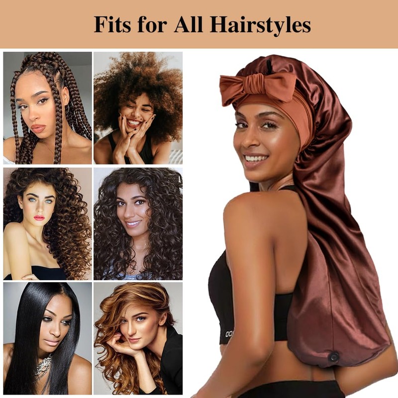 1+3 Long Satin Bonnets with Scrunchies for Women Sleeping, Double