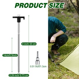 Tandefio 20 Pcs 8 Inch Tent Stakes Screw in Heavy Duty Metal Tent Stakes Screws Hex Pegs Drillable Tent Stakes Ground Anchor Peg Threaded Tent Spike with Hex Head Driver (Green)