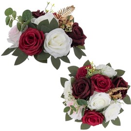 BLOSMON - Bola de centro de mesa de flores artificiales para boda, 2 piezas de centro de flores artificiales de color borgoña, decoración para mesa de seda, besos de flores, arreglos de ramo de flores