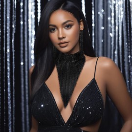 Flyonce Sparkly Rhinestone Costume Jewelry Set, Tassel Chunky Fringe Bib Collar Statement Necklace Long Chandelier Earrings Set Black