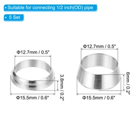 PATIKIL 1/2" Tube OD 304 Stainless Steel Compression Tube Fitting Sleeve, 5 Pack Double Ferrule Ring Tubing Fitting Assortment Kit, Silver