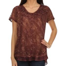 Sakkas 15774 - Hope Embroidery and Seqiun Accents Summer Blouse - Chocolate - OS