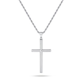 Sliver Cross Chain Necklace for Men, Mens Cross Necklaces Stainless Steel Cross Pendant Necklace for Men Cross Necklace for Men Silver Cross Chain for Men Jewelry Gifts Rope Link Chain 18 Inch