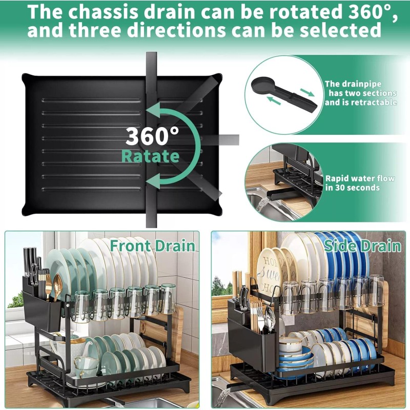 AIDERLY 2 Tier Dish Drainer Rack with Drip Tray Cutlery