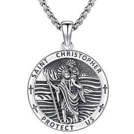 Aniu S925 Sterling Silver Saint Christopher Necklace for Men Women St Christopher Medal Pendant Catholic Medallions Jewelry Birthday Fathers Day Gift Jewelry