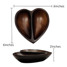 WitnyStore Heart Shaped Wood Bowl 6" Dark Brown 2 Partitioned Handcraft Wooden Bowls Collectible Functional Serving Tray Dish Plate Hand Made Decorative Tableware Candy Nuts Desserts Fruit Décor Gifts