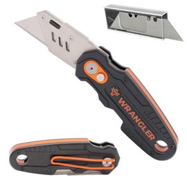 Wrangler Tools Folding Utility Knife - Quick Change Box Cutter - Heavy Duty Retractable Razor Knife with Extra 10 Blades, Storage Dispenser, Thumb Rest & Belt Clip for Drywall, Cardboard & Rope