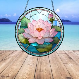 Delightful Lotus Flower Stained Windows Hanging Suncatcher,Flower Stained Acrylic Suncatchers Window Ornament Stained Glass Panel Sun Catcher Wall Hanging Decor Birthday Gifts