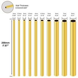 LAVMHAB Brass Tubes Kit of 2mm 2.5mm 3mm 3.5mm 4mm 4.5mm 5mm 6mm 7mm 8mm OD X 0.5mm Wall Thickness X 200mm Length, Seamless Round Brass Pipes Tubing for DIY Craft (10 Pack)