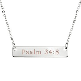 MignonandMignon Silver Christian Necklace Bar Necklace Bible Verse Necklace Faith Necklace Sister Necklace Baptism Gift Birthday Gift -4N (Psalm 34:8)