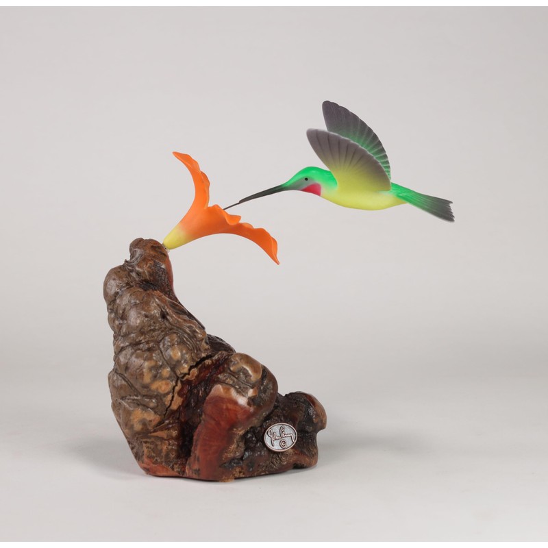 Hummingbird Sculpture w/Orange Flower by John Perry on Burl Wood