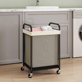 ELYKEN Laundry Basket with Wheels, 80L Rolling Laundry Hamper with Removable Liner Bag, Laundry Sorter with Metal Handle, Clothes Hamper Cart for Laundry Room, Bedroom, Bathroom and Dorm