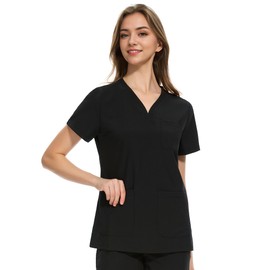 COZYFIT Medical Scrub Tops for Women - Soft Stretch,Curved V-Neck Scrub Tops with 3 Pockets,Black,L