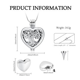 VCCWYQK Tree of Life Heart Shape Hollow Urn Necklaces for Ashes Cremation Jewelry Memorial Keepsake Gifts for Women Men Memorial Lockets Ashes Holder (D)