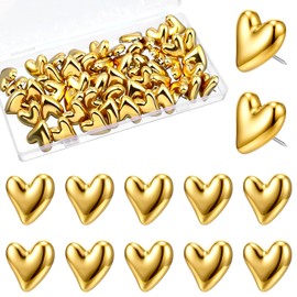 Gold Push Pins, 50 Pcs Decorative Gold Heart Cute Thumb Tacks Decorative Cute Push Pins for Corkboard Wall Bulletin Board Photos Posters Maps Home Office Supplies