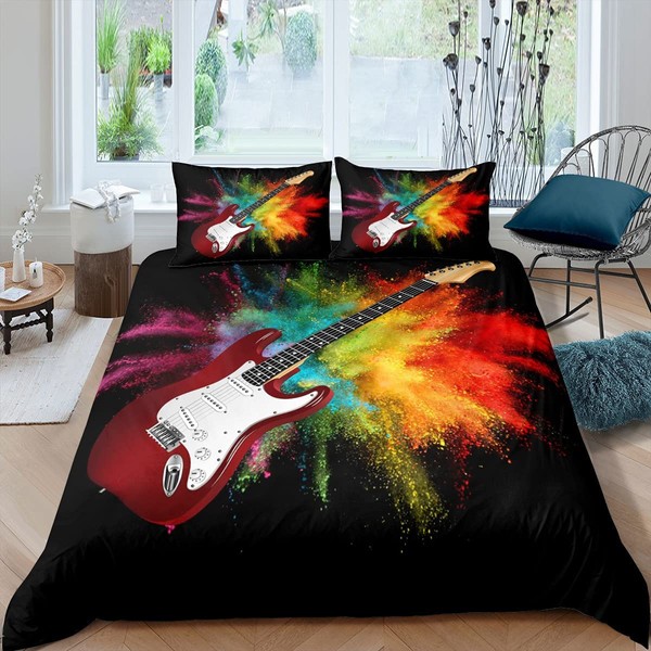 Guitar Duvet Cover Single For Kids Teens Adults,Rock Music Theme