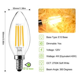 ROMANJOY C35/B11 4W Warm LED Light Bulbs 40 Watt Equivalent, E12 Candelabra Bulb 2700K Soft White, Dimmable Type B Small Candle Light Bulbs for Foyer Chandeliers, Sconces, 10 Pack