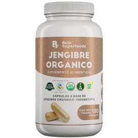 BULK SUPERFOODS | Jengibre Orgánico 100% Natural | 180 Capsulas – 500 mg c/u – Sin Gluten | Suplementos Alimenticios a Base de Jengibre en Capsulas