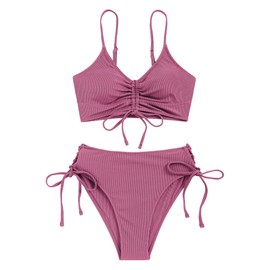 ZAFUL Swimsuits for Women 2024 Bathing Suit Mid Wasited Bikini Sets High Cut Push Up 2 Piece Teen Girl Brazilian Cheeky Lace Up Swimwear (Dark Pink, XL)