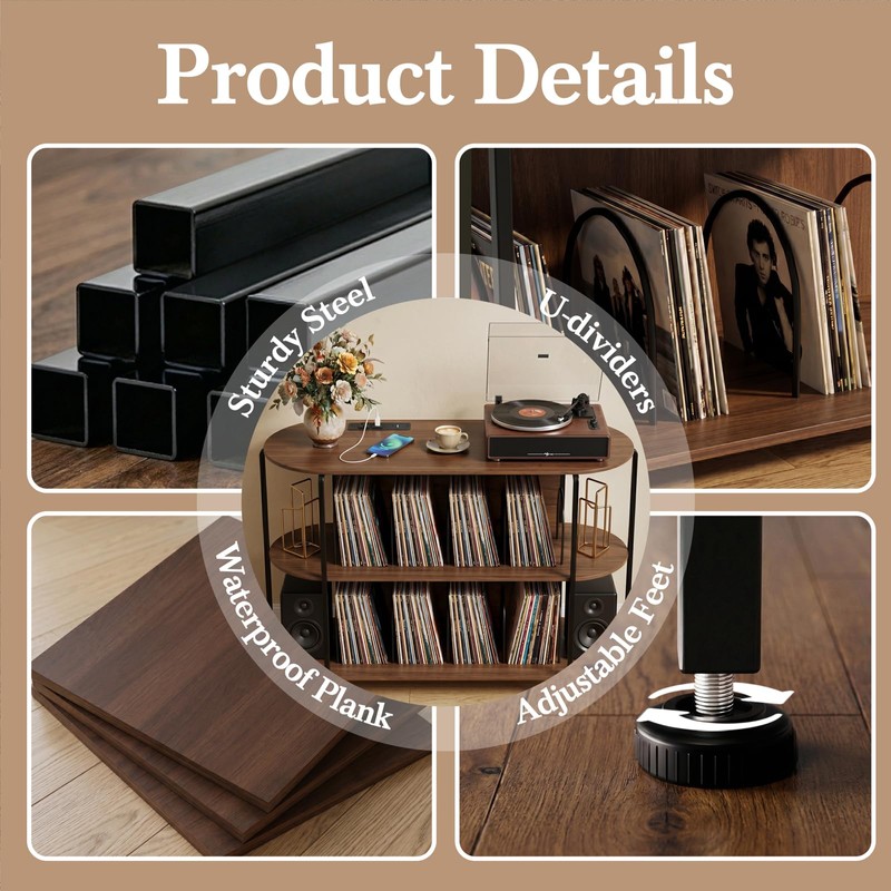 Faesun 43.3" Record Player Stand with Power Outlets, 3-Tier Vinyl
