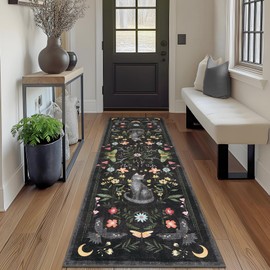 GarveeHome 2x6 Cat Washable Runner Rug for Kitchen, Soft Black Hallway Runner Non Slip Mushroom Moths Entryway Rug Floral Laundry Mat Stain Resistant Carpet for Bedroom Bathroom Beside Rug
