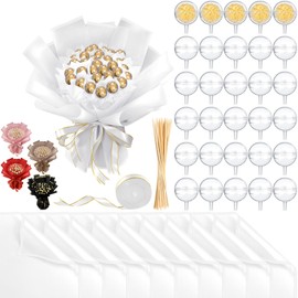 Funnymoom 71 Pcs DIY Chocolate Flower Bouquet Kit Graduation 2025 Candy Rose Clear Acrylic Lollipop Ball Holder Mother's Day Flower Wrapping Paper Ribbon Accessories Birthday Gift(White)
