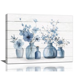 Blue Flower Bathroom Wall Art Floral Pictures Wall Decor Blue And White Canvas Prints Framed Artwork Home Office Decorations for Bathroom Living Room Bedroom Dinning Room 16"x12"