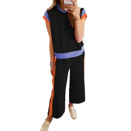 SHEWIN Women's Two 2 Piece Outfits Sweatsuit Lounge Sets for Women 2025 Casual Short Sleeve Shirts Matching Loose Pants Comfy Loungewear Pamajas Set Black M