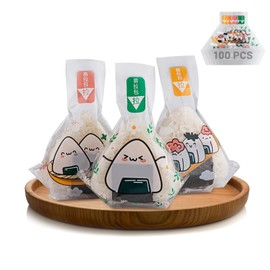 Choxila Triangle Onigiri Wrappers Plastic Rice Balls Bags, 100PCS Japanese Easy Tear Disposable Onigiri baggies with Stickers