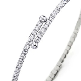 COOLSTEELANDBEYOND Women's Charm Bracelet Thin Open Bangle with Cubic Zirconia Elastic Adjustable, Stone, Cubic Zirconia