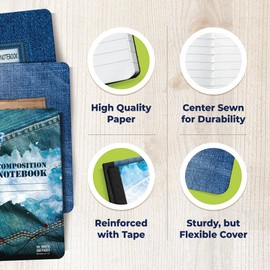 E-CLIPS USA Composition Notebook Wide Ruled, Aesthetic Composition Notebook Hard Cover Jean Print Preppy Composition Notebook, 100 sheets 200 Pages (6 Pack)