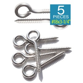 IMScrews 5pcs #18 x 3-1/4 Inch Screw Eyes Small Eyelet Screws Lag Eyebolt 18-8(304) Stainless Steel Heavy Duty Hook