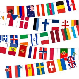 Eurovision Party Decorations,Eurovision Bunting,38 National Flags Eurovision Song Contest Basel Switzerland 2025 Celebration Themed Fabric Bunting for Garden,Bar,Street Party Decoration (2PCS)