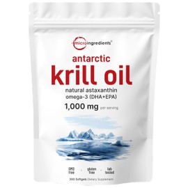Micro Ingredients Antarctic Krill Oil Supplement with Natural Astaxanthin, 1000mg Per Serving, 300 Soft-Gels, Rich in Omega-3s EPA & DHA, Supports Immune System & Brain Health, Easy to Swallow