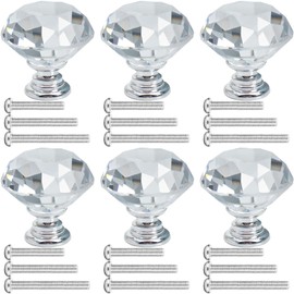 LHNNDM 6-Piece Set of 30mm Crystal Glass Cabinet Door Knobs, Diamond Clear Pulls with Screws (Clear Diamond + Chrome-Plated Base) Suitable for Kitchen cabinets, wardrobes (Silver)