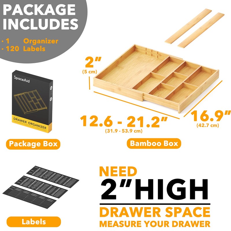 SpaceAid Bamboo Utensil Drawer Organizer with Labels, Kitchen Silverware Expandable