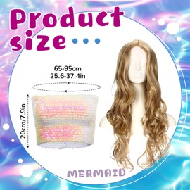 Cindeer 3 Pcs Mermaid Costume for Women, Include Sequin Mermaid Crop Tops Strapless Metallic Tube Tops, Tail Skirt, Curly Wig(Large,Purple)
