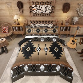 Erosebridal Western Aztec Bedding Set for Boys, Native Tribal Ethnic Comforter Set Queen Size Farmhouse Boho Geometric Duvet Insert Southwestern Ethnic American Native Quilt for Adult, Brown Black