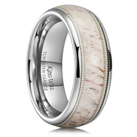 King Will 8mm Tungsten Carbide Wedding Ring, Men's Wedding Band with Antlers Inlay - High Polished Unisex Comfort Fit Size 10