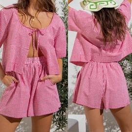 Nicoxijia Striped Pajamas for Women 2 Piece Pjs Shorts Set Puff Sleeve Tie Front Peplum Shirts Gingham Shorts Y2k Lounge Set (Red, S)
