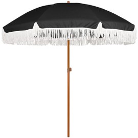 AMMSUN AMMSUN 7ft Patio Umbrella with Fringe Outdoor Tassel Umbrella UPF50+ Premium Steel Pole and Steel Ribs Push Button Tilt, Black