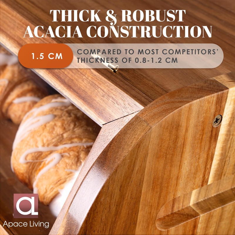 Arise Stylish Acacia Bread Box for Kitchen Countertop, Extra Large