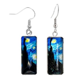 IPNSDON 2Pcs Van Gogh Painted Starry Night Earrings Blue Metal Art Unique Vintage Rectangle Glass for Women Sisters Mothers Dangle Drop Jewelry，Delicate and beautiful, suitable for birthday gifts