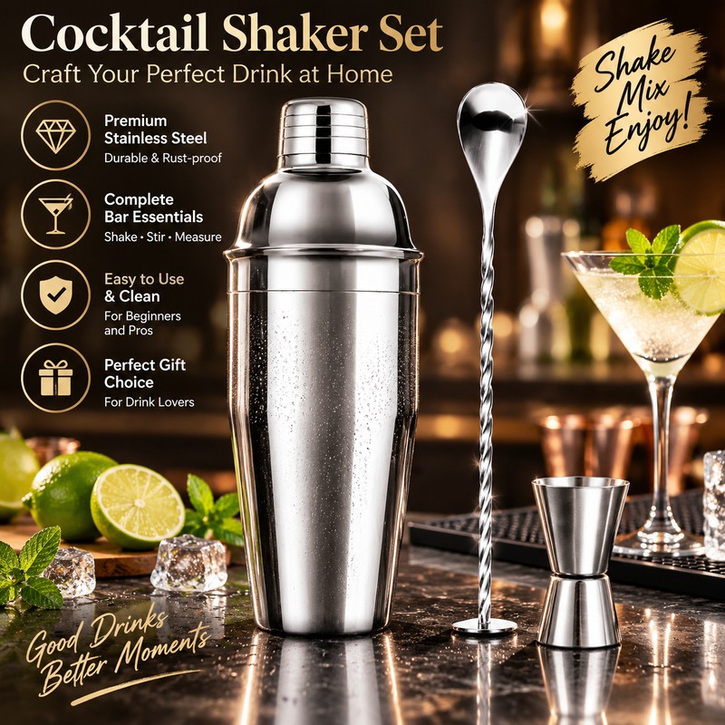 Stainless Steel Cocktail Shaker Set for Home Bartending – Complete