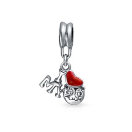 Bling Jewelry I Love My Cat Red Enamel Heart Dangle Bead Charm .925 Sterling Silver