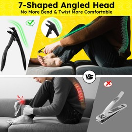 Toenail Clippers for Seniors, Angled Head Large Toe Nail Clippers for Thick Toenails, Wide Jaw Clippers, Heavy Duty Ergonomic Anti-Splash Cutter with Curved Blade, Upgraded Long Handled Design