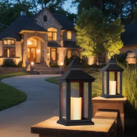 Lanterns Decorative Outdoor & Indoor- Black Candle Lantern, 13.3in Waterproof LED Lantern for Patio & Porch, Battery-Powered Hanging Vintage Lantern with Timer for Weddings, Transparent