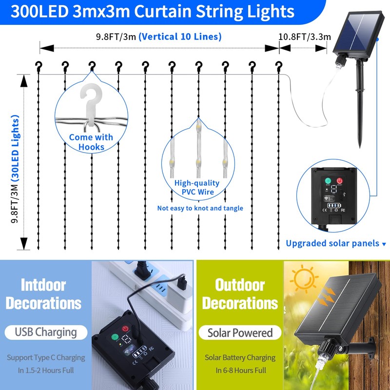 Solar Curtain Lights Outdoor 10 x 10Ft 300LED Waterproof Waterfall