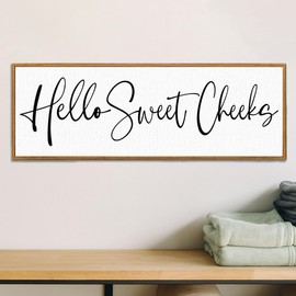 YEOION Rustic Bathroom Wall Decor Hello Sweet Cheeks Wall Art Canvas Frame Print for Home Bathroom Toilet Decor,Funny Farmhouse Bathroom Wall Art Decorations
