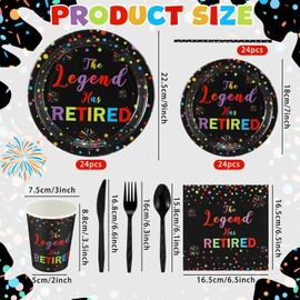 Tioncy 218 Pcs Retirement Party Supplies Colorful the Legend Has Retired Party Decoration Happy Retirement Plates and Napkins Cups Knives Forks Spoons for 24 Guests Disposable Tableware for Men Women